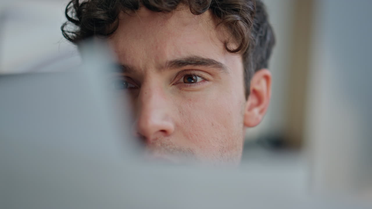 Manager face study report in light office closeup. Man reading company papers