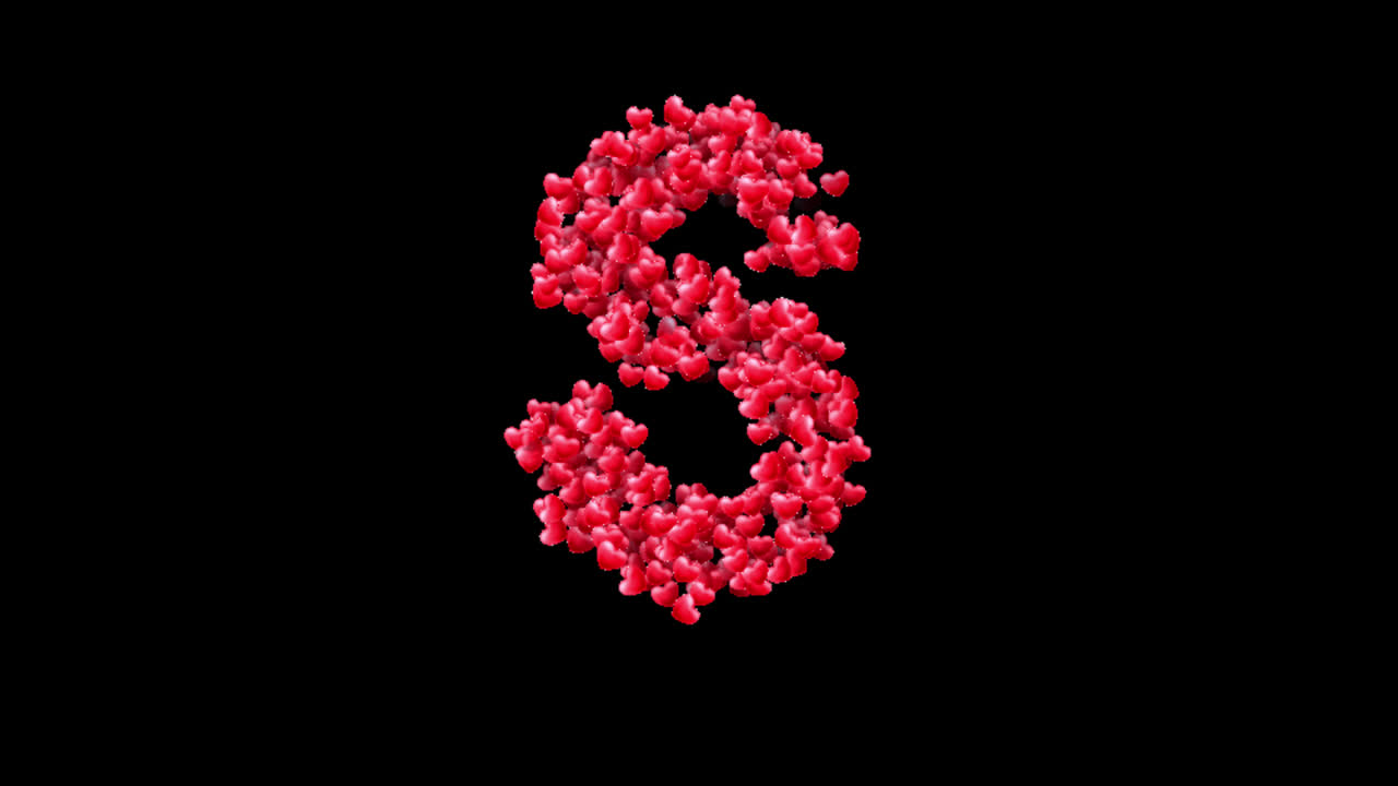 Heart particles letter S animation on transparent background