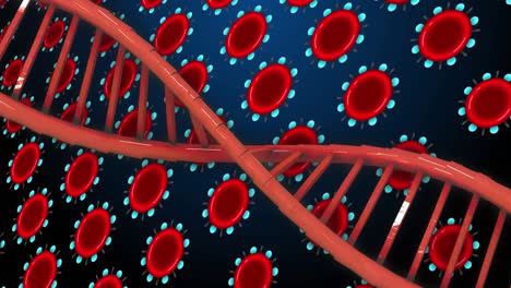 animation of dna over red cells on blue background