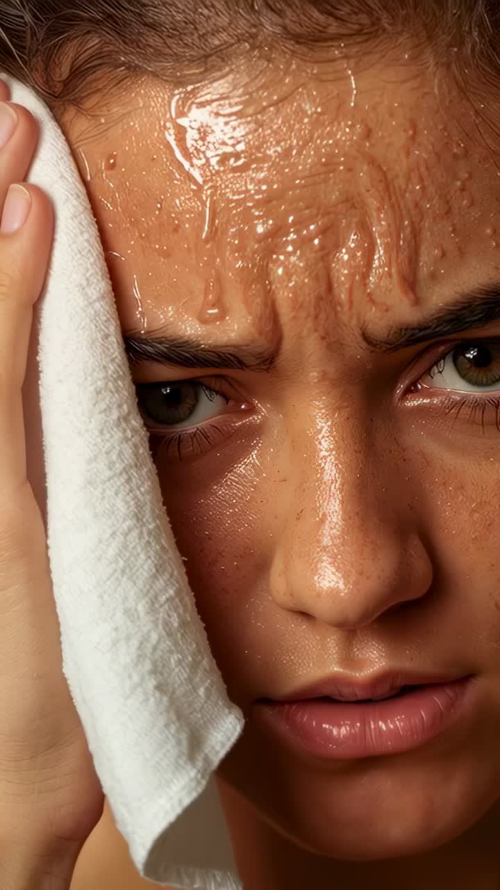 Vertical video: Liquid dripping woman pressing white towel to left cheek in close-up blotting sweat