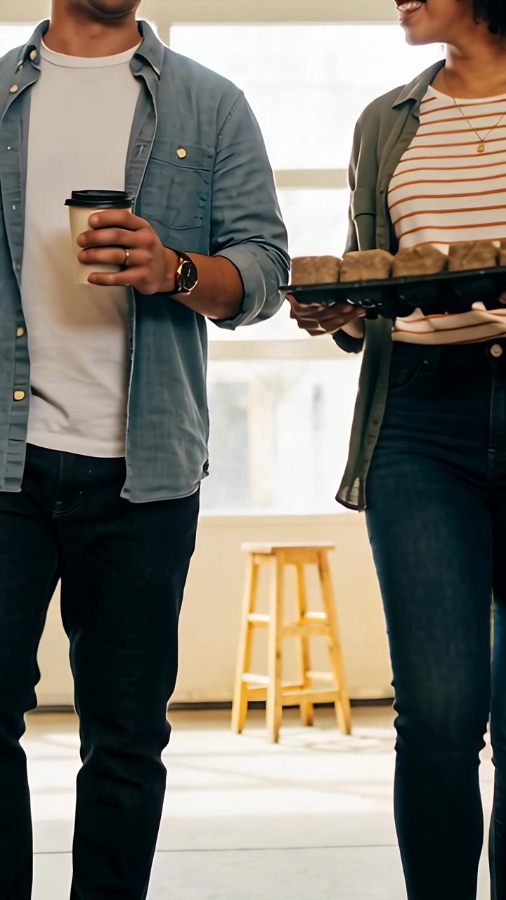 Video verticale: Una coppia in camicia color oliva prende caffè e un vassoio di muffin da condividere, camminando vicino alle finestre.