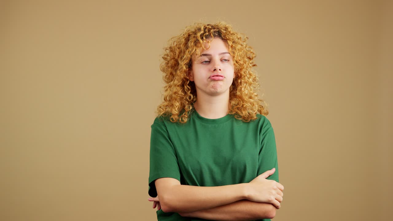 Young Woman with Curly Hair Displaying Various Expressions