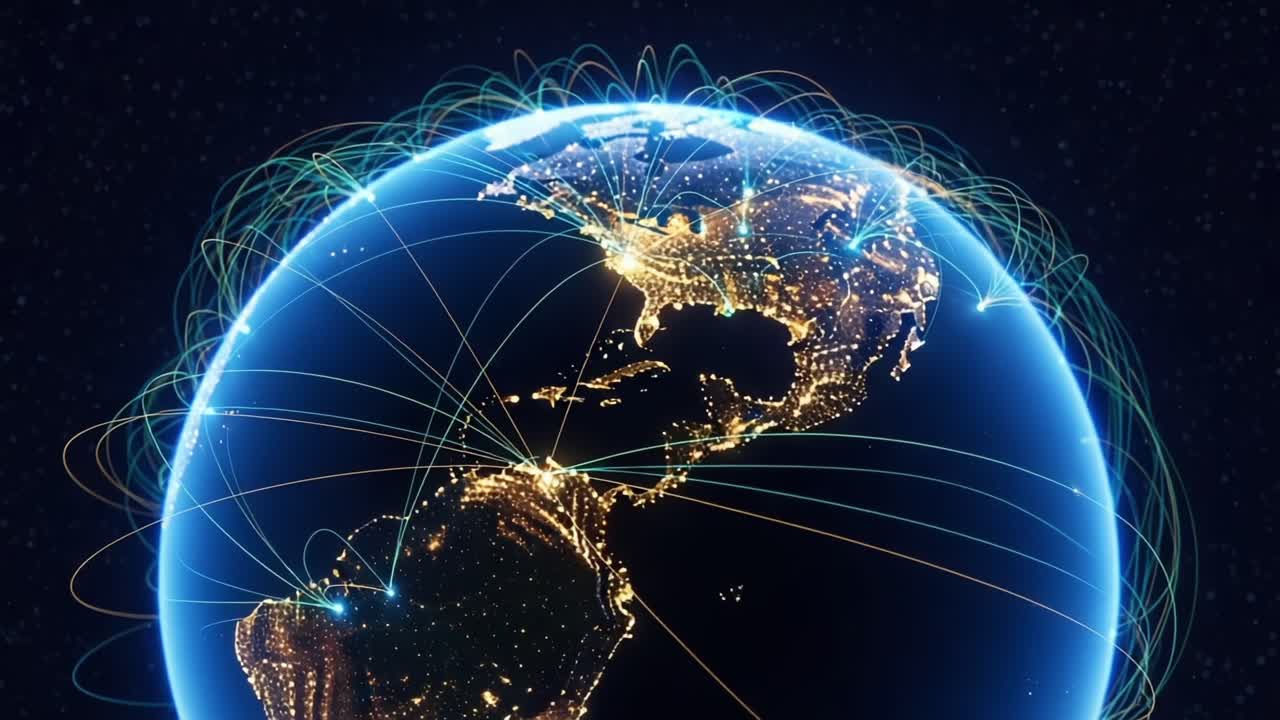 A Glowing Earth Surrounded by Connection Lines Illustrating Global Communication and Interconnectivity Through Advanced Technology at Night