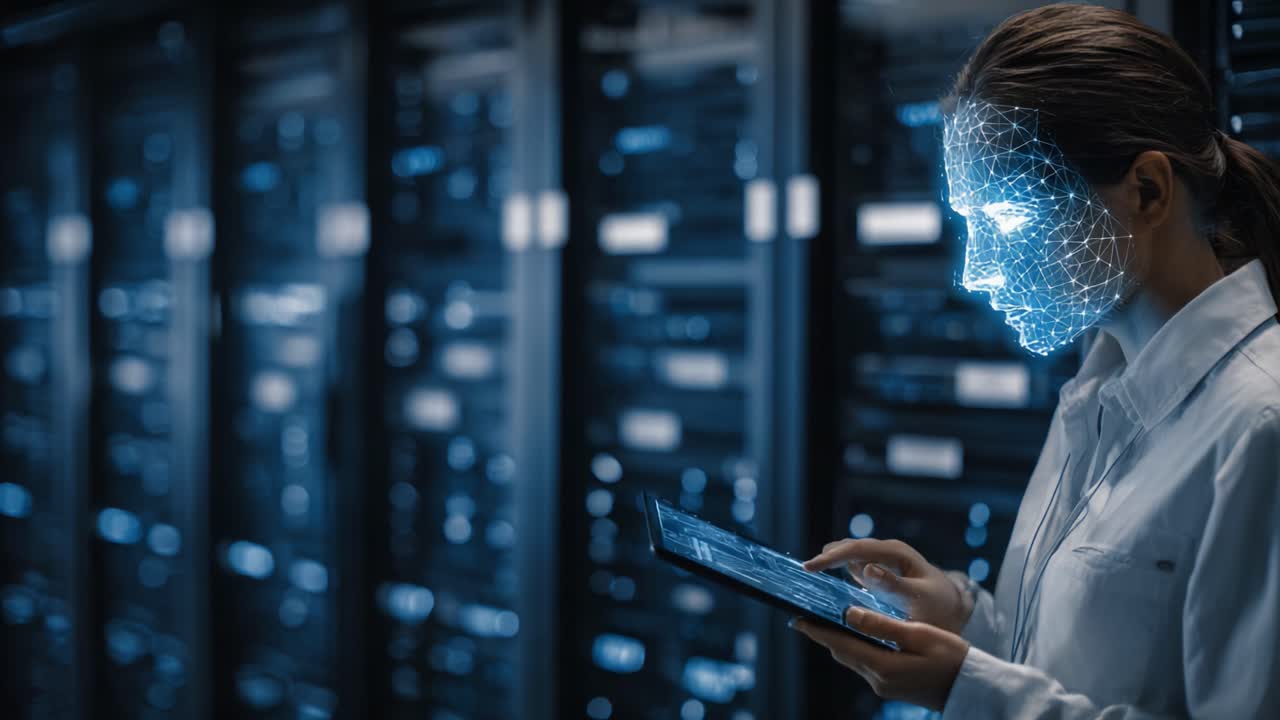 A Futuristic Exploration of Digital Interfaces: A Woman Interacts with Advanced Technology in a Data Center, Merging Artificial Intelligence with Human Insight