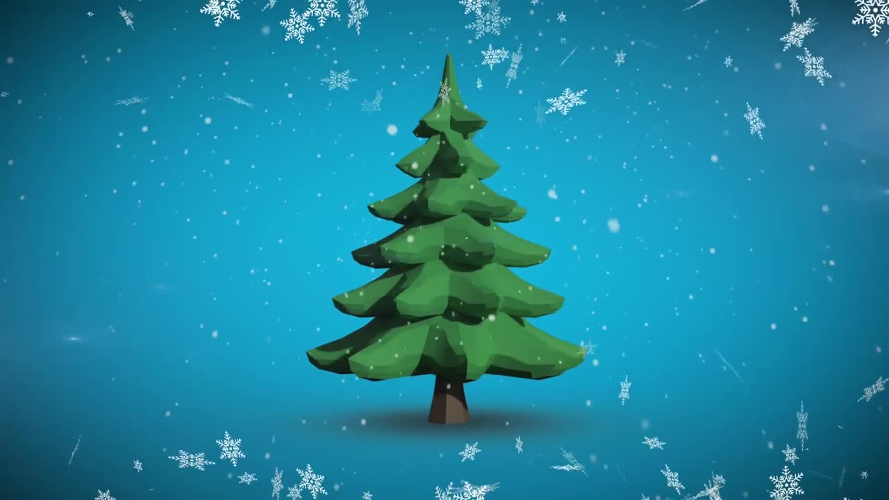 Animation of snow falling over chritmas tree on blue background