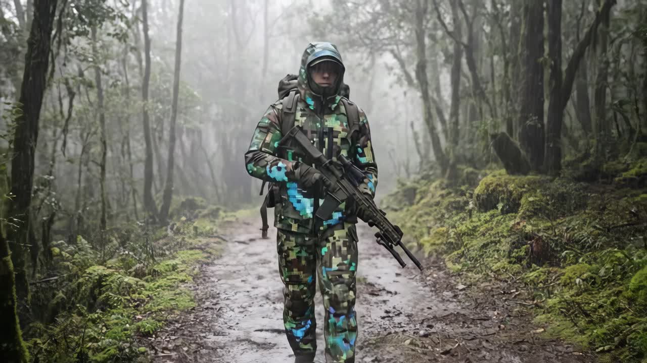 Soldato in uniforme mimetica che cammina lungo un sentiero nebbioso nella foresta