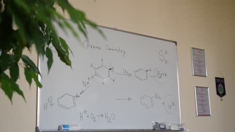 conferencia de química en una pizarra con reacciones químicas