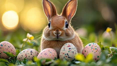 un conejo lindo rodeado de huevos de pascua coloridos en un jardín soleado