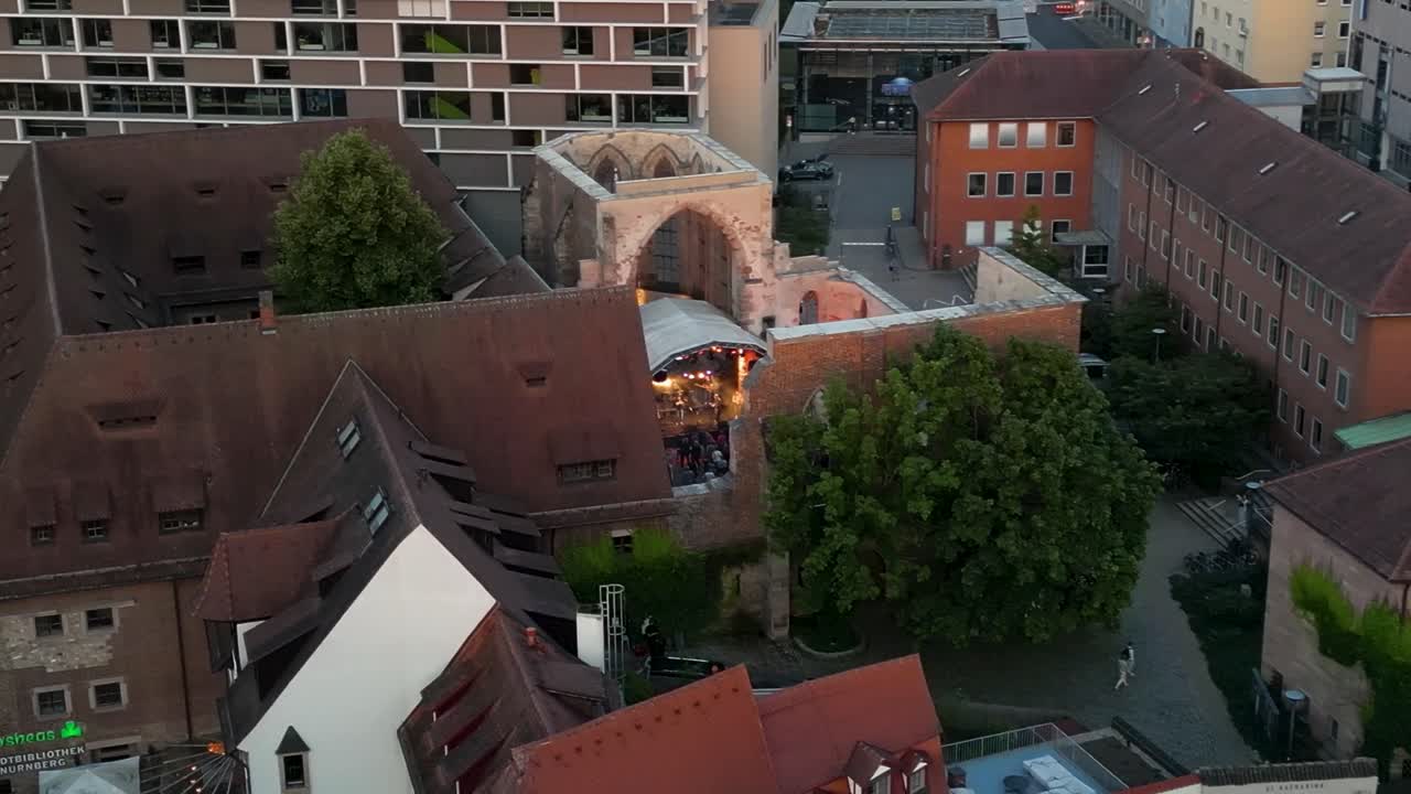 4K Aerial Drone Video of Band Performing in the Ruins of a Medieval Church in Downtown Nurnberg, Germany