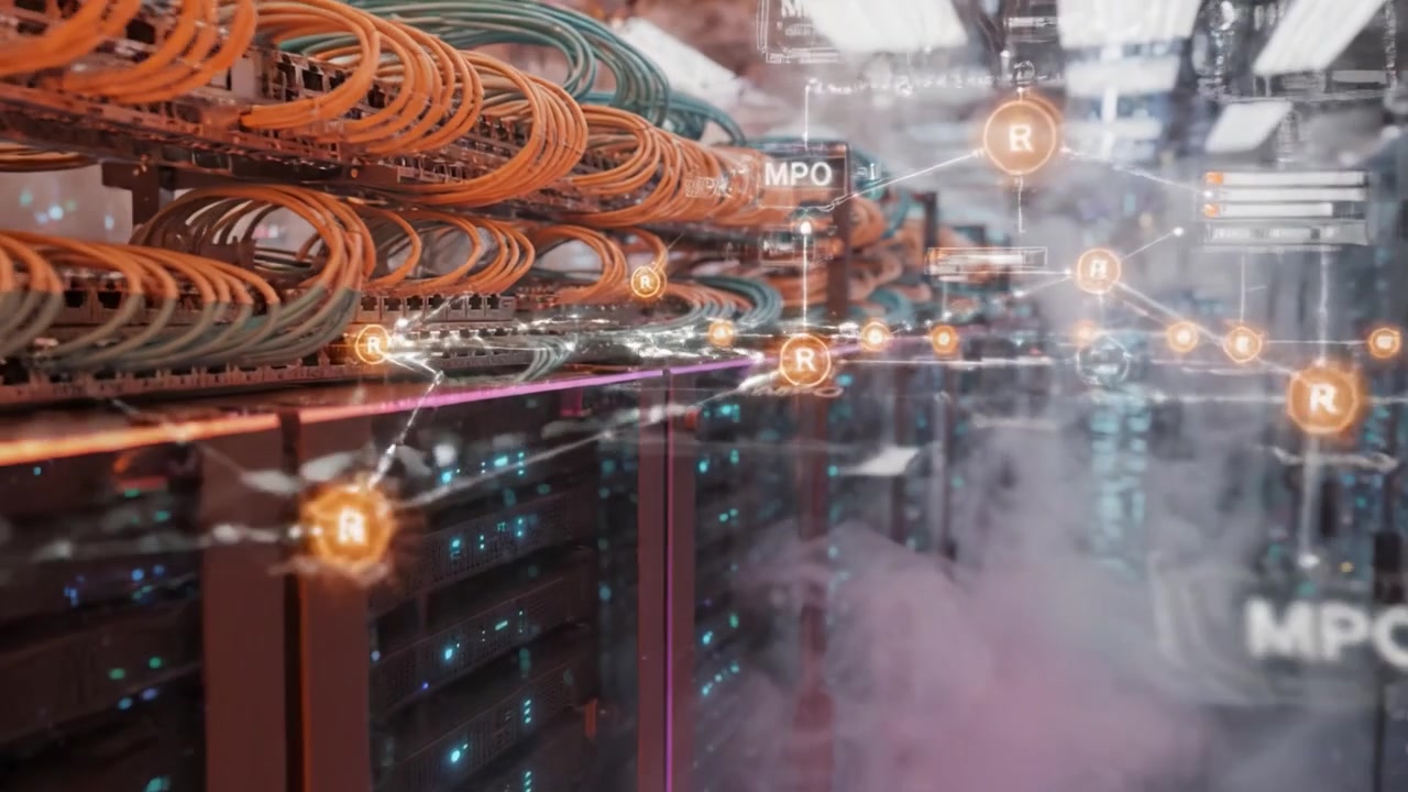Advanced Data Center Infrastructure Showcasing Network Racks with Cloudy Environment and High Bandwidth Cabling for Enhanced Connectivity and Technology Operations