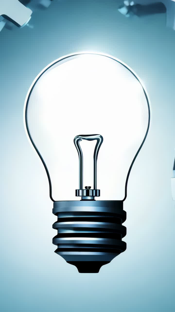 A light bulb is shown in front of a bunch of gears. The light bulb is lit up and the gears are all different sizes. Concept of innovation and progress Vertical video