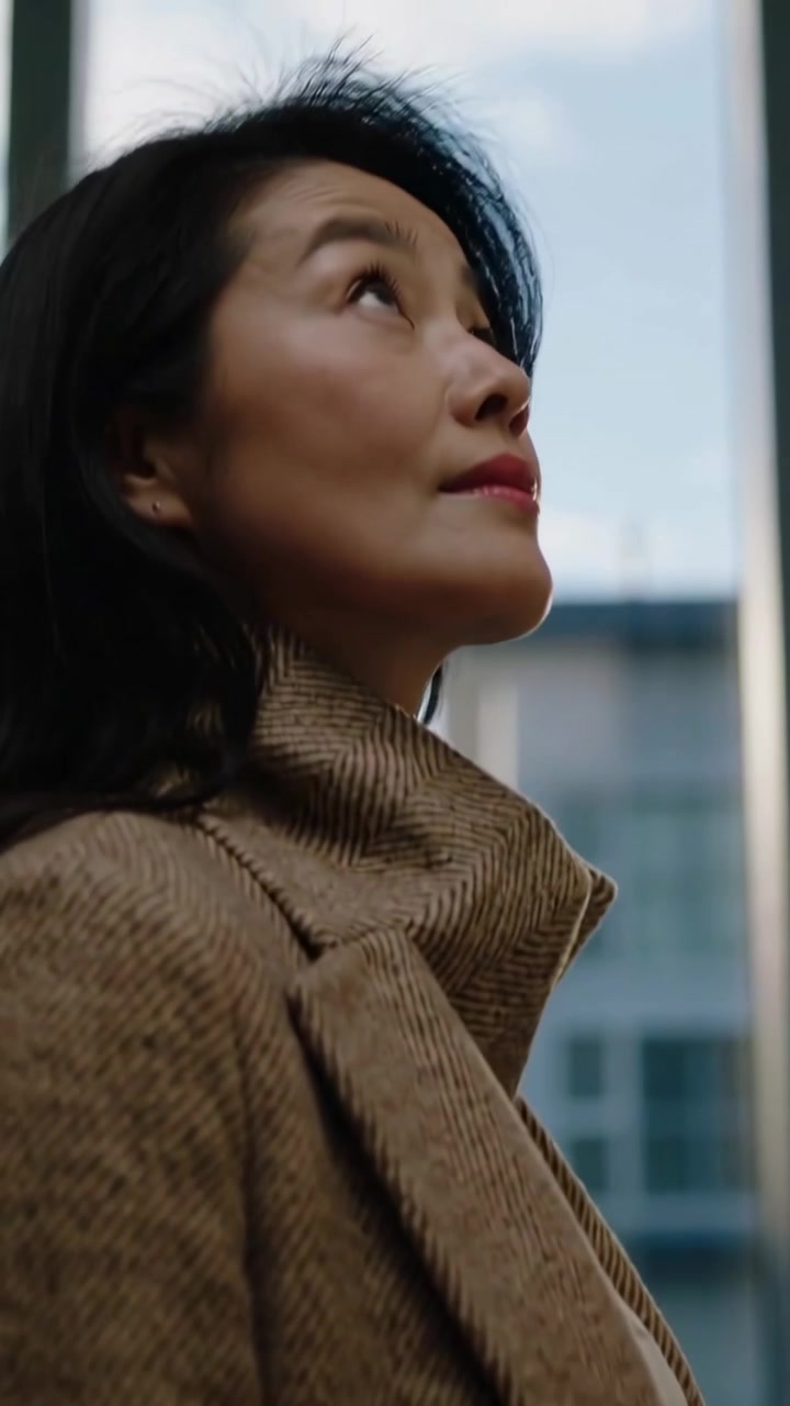 Vertical video: Revealing Asian woman looking up through tall window, in tan coat, viewing building