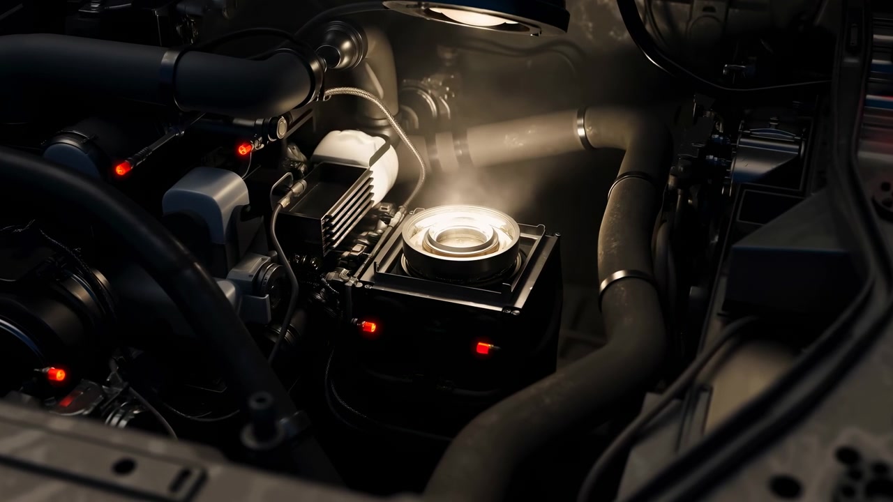 a detailed close-up of engine components and cables in a slightly angled top-down view, showcasing metal parts and cables in an indoor mechanical setting, likely a workshop or garage.
