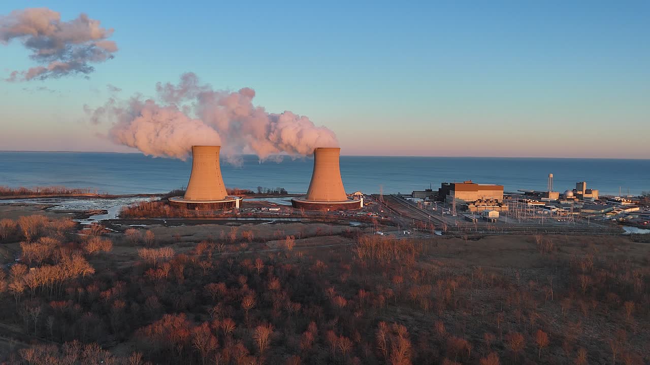 Sunset aerial view of Enrico Fermi II Nuclear Power Plant on Lake Erie, Berlin Township, Michigan, USA