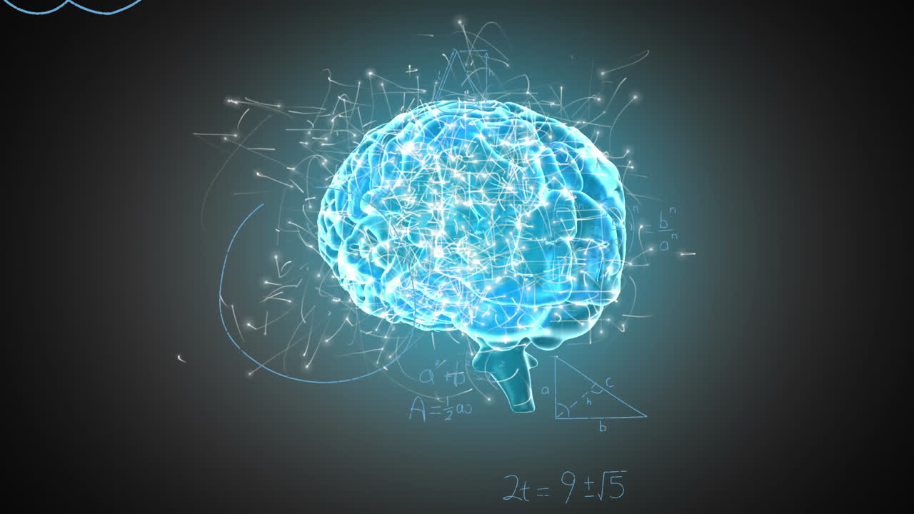Animation of spinning human brain icon and mathematical equations against grey background