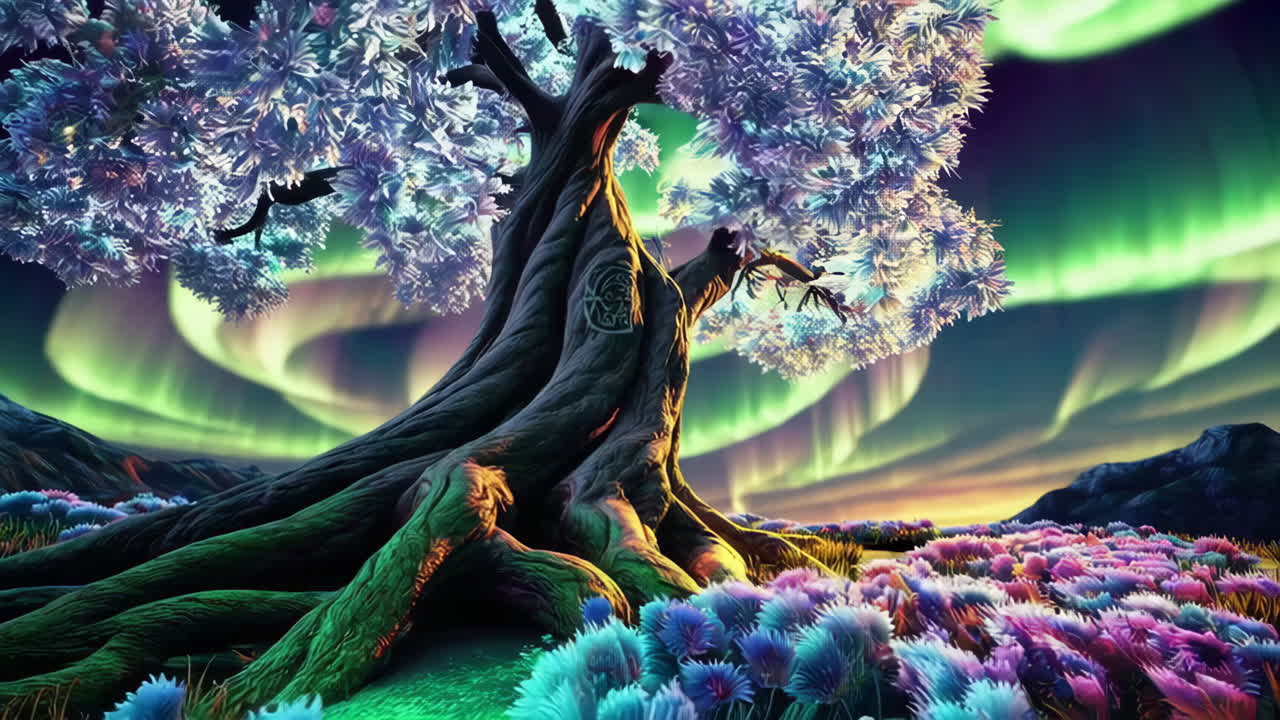 Enchanted Tree Under Aurora Sky with Glowing Flora