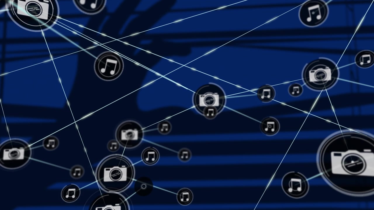 Animação de rede de ícones digitais e ícone de mão em fundo azul