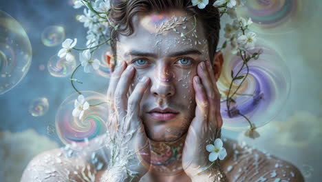 Ethereal Floral Portrait of a Man with Bubbles