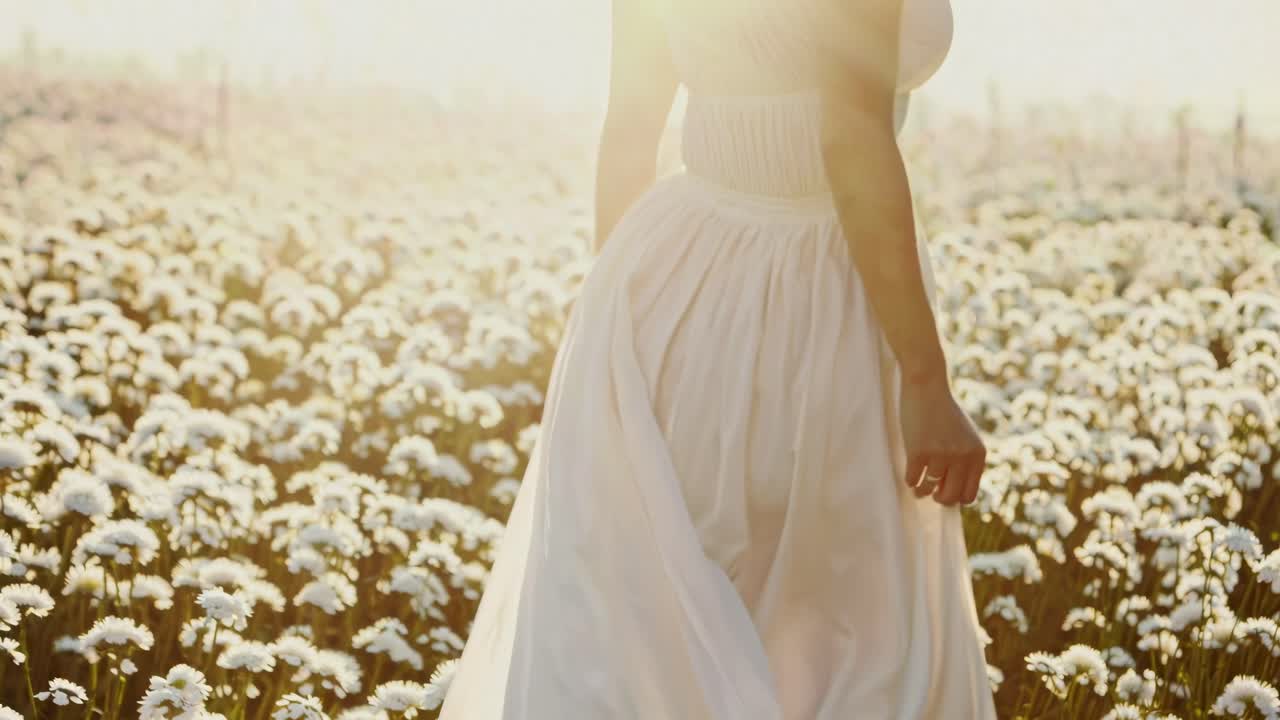 A woman in a flowing dress walks through a daisy field, captured from a low angle, evoking a serene