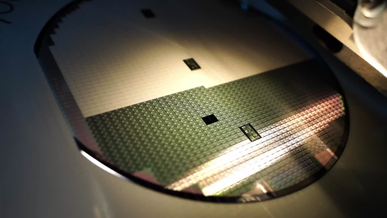 반도체 제조에서 기계에서 실리콘 웨이퍼에 실리콘 다이를 선택합니다.