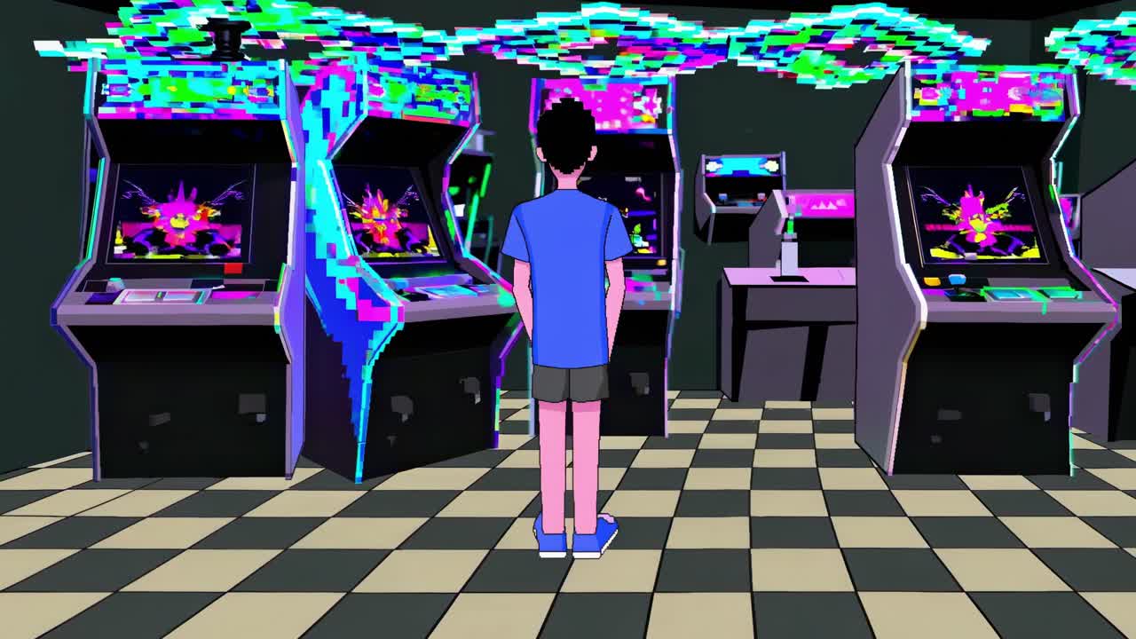 Young man standing in a vintage arcade, surrounded by glitching arcade cabinets, immersing in a surreal and distorted atmosphere filled with vibrant neon colors and nostalgic vibes