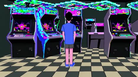 young man standing in a vintage arcade, surrounded by glitching arcade cabinets, immersing in a surreal and distorted atmosphere filled with vibrant neon colors and nostalgic vibes
