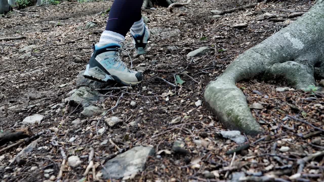 una joven turista caminando por un camino de montaña