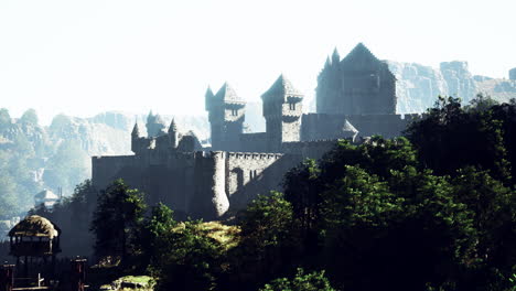 castillo medieval en un valle de montaña brumoso