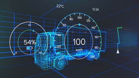 검은 바탕에 움직이는 3d 트럭 모델 위의 속도계와 전력 측정기의 애니메이션