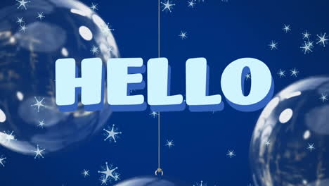 animación de hello over estrellas y bolas de navidad sobre fondo azul