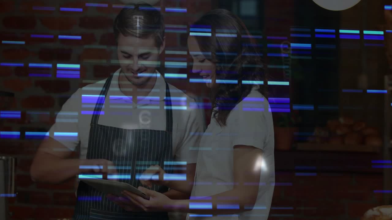 Barista picking up tablet training colleague and scrolling amid blue glitch code in coffee shop