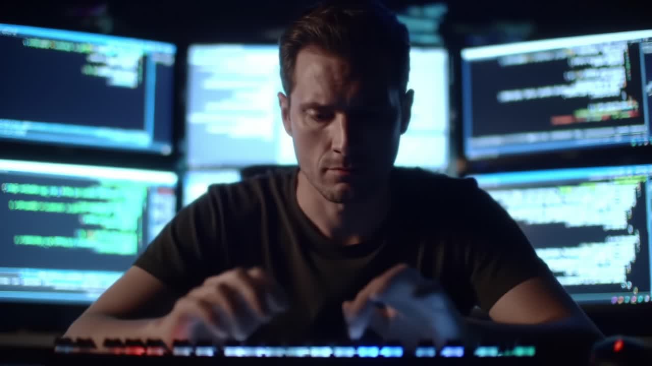 Intense Coding Session: A Programmer immersed in digital data, dissecting lines of code on multiple screens during a high-stakes technological endeavor