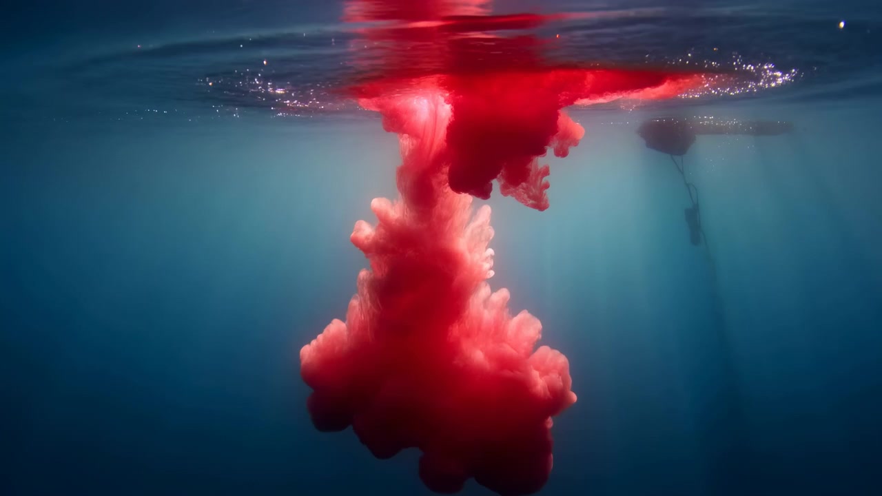 In this midframe of a five second sequence, a bright red dye plume rises upward through clear blue water, forming a striking vertical column with surrounding