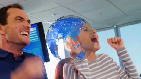 animation of red globe rotating over excited colleagues cheering at casual office meeting