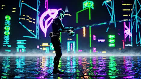 cyberpunk fisherman in neon city