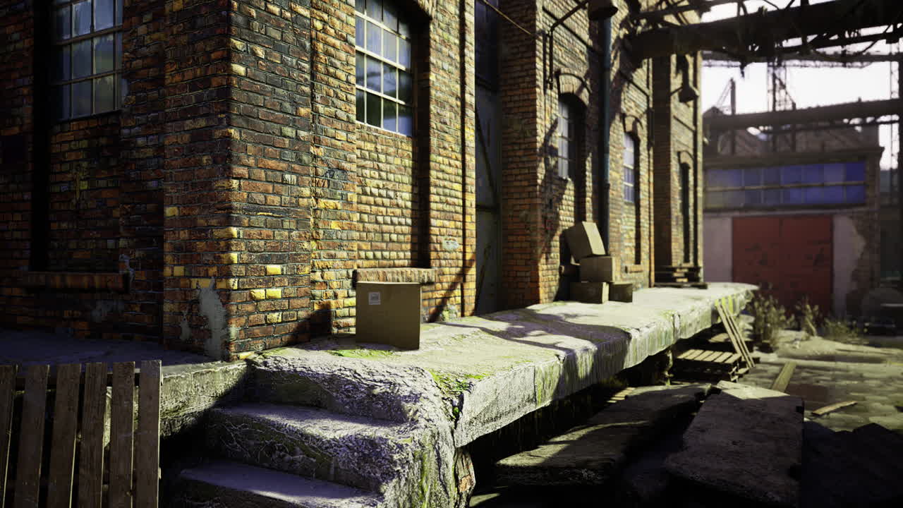 Urban industrial setting with weathered brick buildings and scattered debris