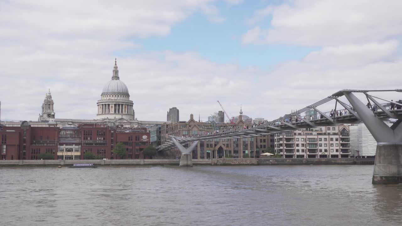 London St. Pauls Cathedral and Millennium bridge full of people, wide angle stable shot
