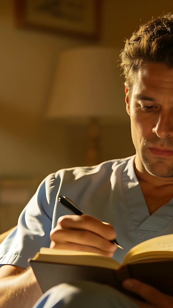 Vídeo vertical: Homem de uniforme médico fazendo anotações em um caderno encadernado em casa com caneta preta
