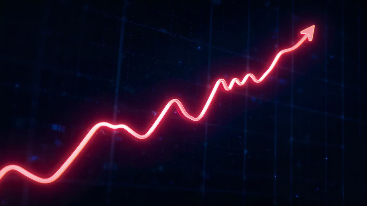 Frames playing, neon red trend line rising diagonal across blue grid, forming arrow, showing growth
