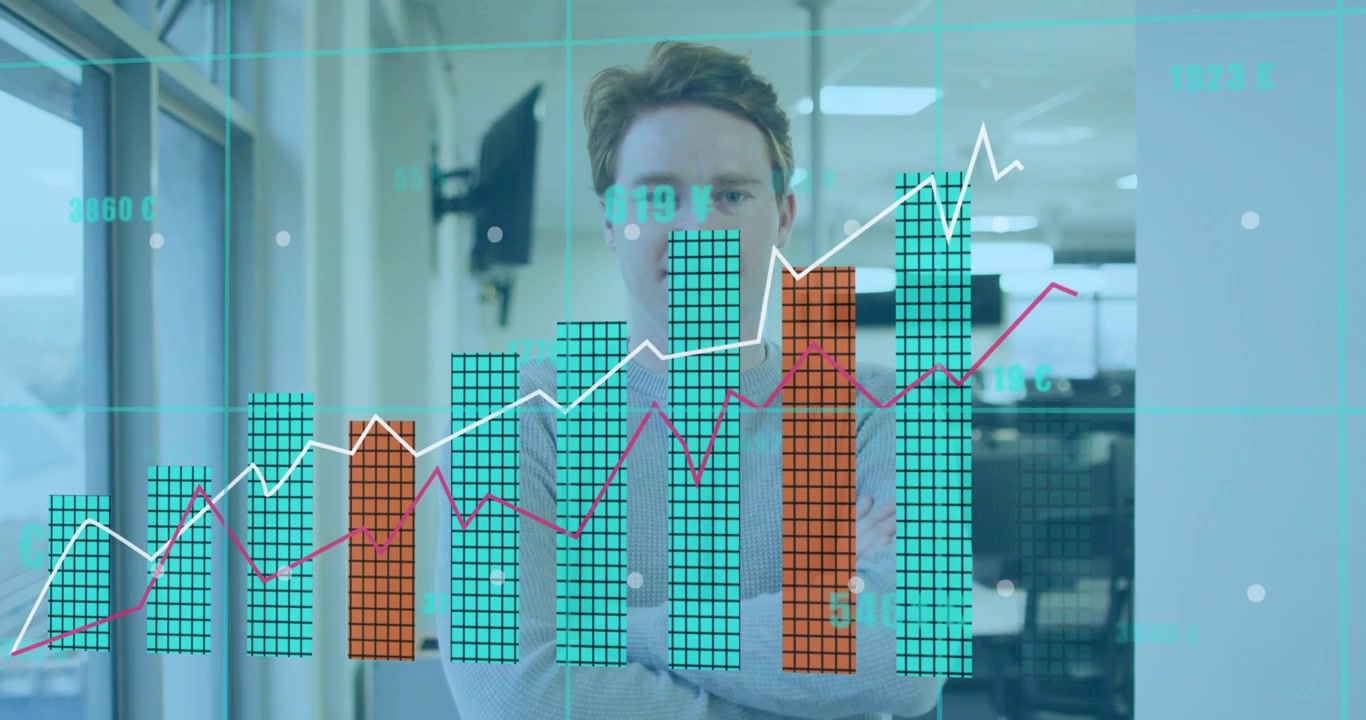 Man reacting to teal charts appearing by crossing arms, data bars rising, showing business growth