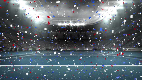 digital animation of colorful confetti falling against tennis court in background