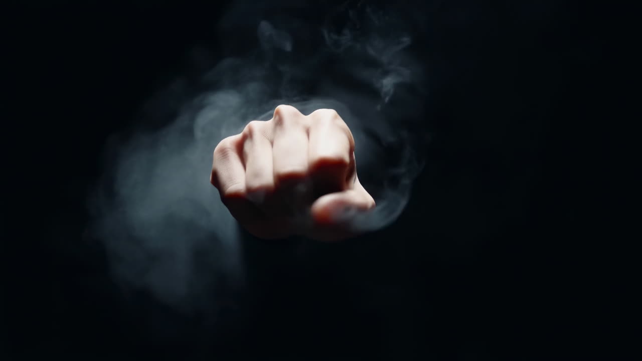 Hand reicht durch treibenden Rauch, dramatische Nahaufnahme mit aufsteigendem Dunst und packender Bewegung, filmische Geste