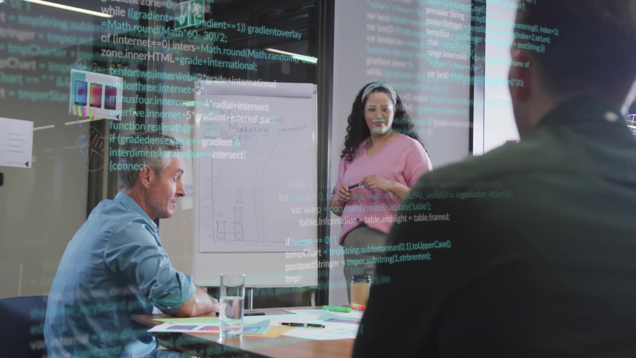 Woman presenter gesturing toward chart with marker while code lines visualizing software metrics