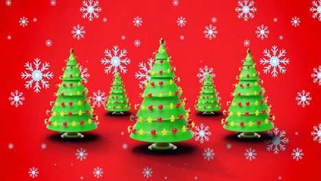 Animation-of-snowflakes-and-christmas-trees-on-red-background