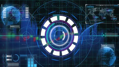 Animation of arc reactor, loading bars and circles, map over graph and globes on abstract background