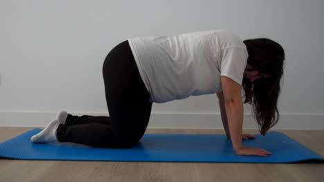pregnant woman finishes home workout on mat by doing donkey kick leg exercise