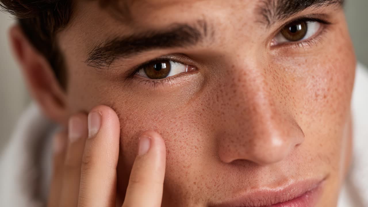 A Close-Up Portrait of a Young Man with Freckles and Intense Brown Eyes, Reflecting a Unique Expression and Natural Beauty in a Soft, Comfortable Setting