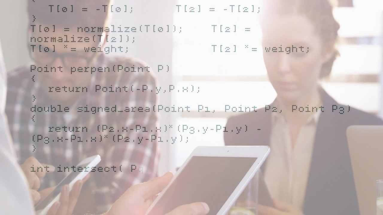 Using tablets and smartphones, people with programming code animation in background