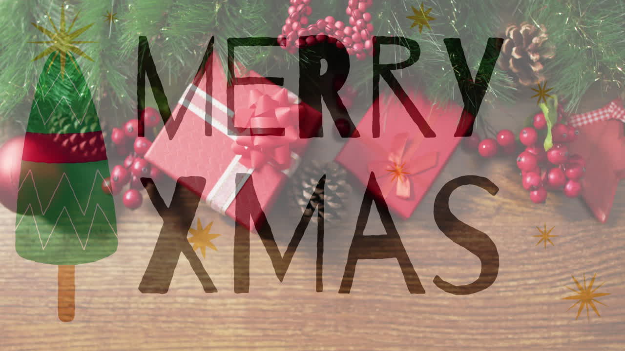Merry Xmas text animation over Christmas gifts and decorations on wooden background