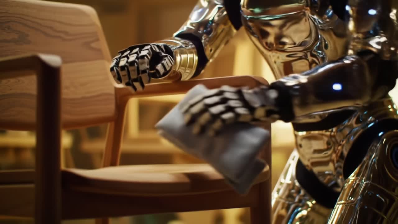 A Futuristic Robot Engaged in Cleaning a Wooden Chair with Careful Attention to Detail in a Modern Setting Enhanced by Soft Ambient Lighting